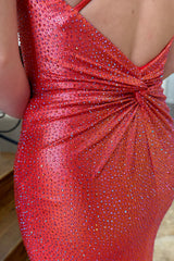 Dreamyannie Red Prom Dress V-Neck Beaded Mermaid Spaghetti Straps Long Formal Dress