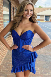 Dreamyannie Royal Blue Homecoming Dresses Corset Ruffled Beaded Short Tight Cocktail Dresses