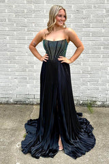 Dreamyannie Royal Blue Prom Dress A-Line Beaded Pleated Long Formal Dress With Slit