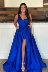 Dreamyannie Royal Blue Prom Dress A-Line One Shoulder Long Formal Dress With Slit