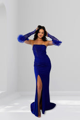 Dreamyannie Royal Blue Prom Dress Column Strapless Sleeveless Sequined Satin Formal Dress With Slit