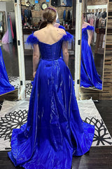 Dreamyannie Royal Blue Prom Dress Corset A Line Long Formal Dress With Feathers
