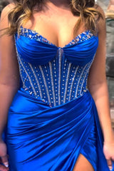 Dreamyannie Royal Blue Prom Dress Corset Beaded Side Cape Long Formal Dress With Slit