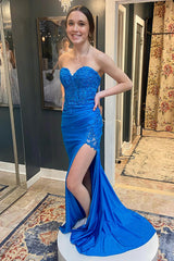 Dreamyannie Royal Blue Prom Dress Floral Mermaid Sweetheart Long Formal Dress With Slit