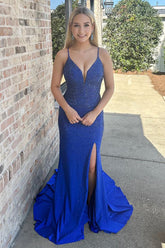 Dreamyannie Royal Blue Prom Dress Long Spaghetti Straps Formal Dress With Slit