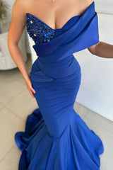Dreamyannie Royal Blue Prom Dress Mermaid One Shoulder Sequined Sleeveless Formal Dress
