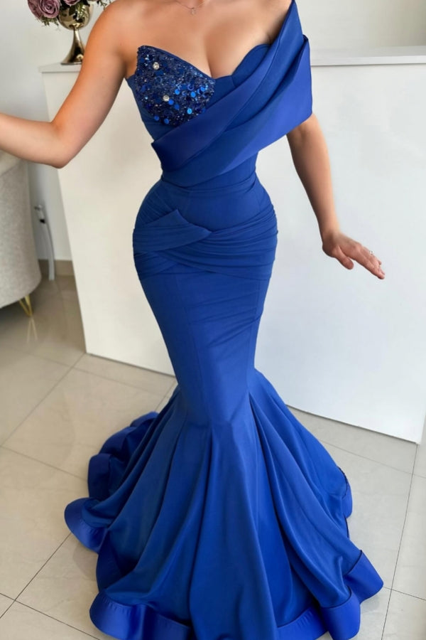 Dreamyannie Royal Blue Prom Dress Mermaid One Shoulder Sequined Sleeveless Formal Dress