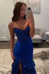 Dreamyannie Royal Blue Prom Dress Mermaid Ruffled Formal Dress With Slit