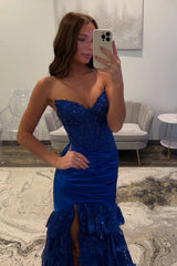 Dreamyannie Royal Blue Prom Dress Mermaid Ruffled Formal Dress With Slit
