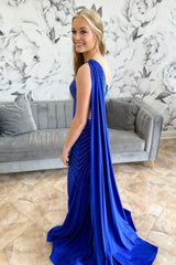 Dreamyannie Royal Blue Prom Dress One Shoulder Long Formal Dress With Slit