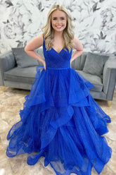 Dreamyannie Royal Blue Prom Dress Ruffled A-Line Long Formal Dress