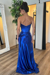 Dreamyannie Royal Blue Prom Dress Satin Corset Long Formal Dress With Slit