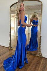 Dreamyannie Royal Blue Prom Dress Satin Long Sheath Formal Dress With Slit