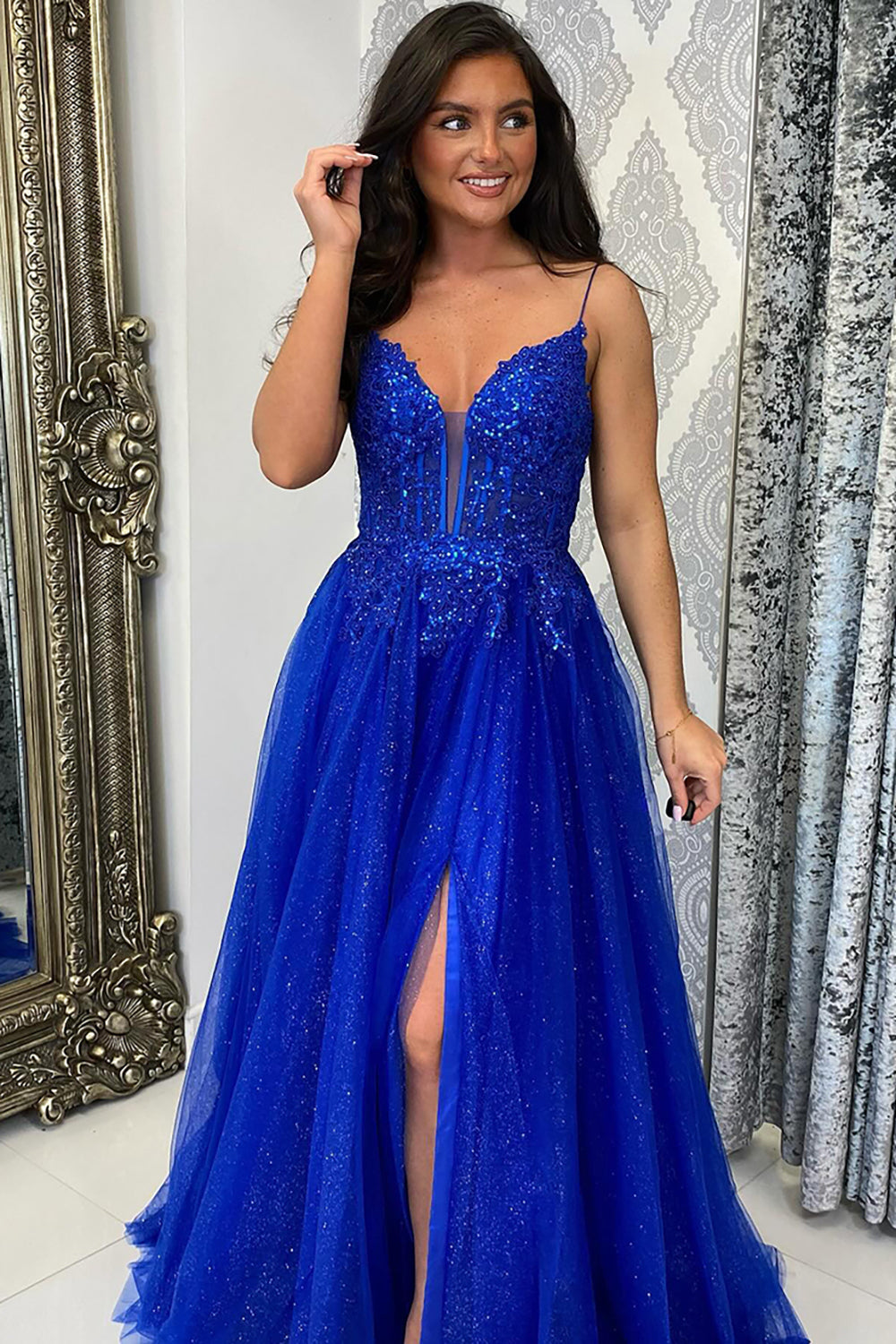 Dreamyannie Royal Blue Prom Dress Sequined A-Line Spaghetti Straps Long Formal Dress With Slit