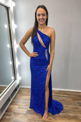 Dreamyannie Royal Blue Prom Dress Sequined Mermaid One Shoulder Long Formal Dress With Slit