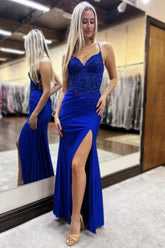 Dreamyannie Royal Blue Prom Dress Sheath Appliqued Formal Dress With Slit