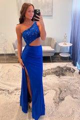 Dreamyannie Royal Blue Prom Dress Sheath One Shoulder Formal Dress With Slit