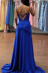 Dreamyannie Royal Blue Prom Dress Spaghetti Straps Ruched Long Side Cape Formal Dress With Slit