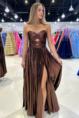 Dreamyannie Royal Blue Prom Dress Sweetheart Metallic Pleated Long Formal Dress With Slit