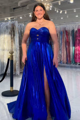 Dreamyannie Royal Blue Prom Dress Sweetheart Metallic Pleated Long Formal Dress With Slit