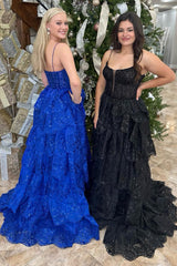 Dreamyannie Royal Blue Prom Dress Tiered A-Line Long Formal Dress With Slit