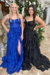 Dreamyannie Royal Blue Prom Dress Tiered A-Line Long Formal Dress With Slit