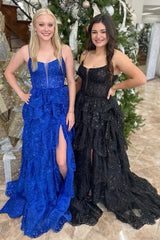 Dreamyannie Royal Blue Prom Dress Tiered A-Line Long Formal Dress With Slit