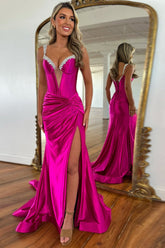 Dreamyannie Ruched Fuchsia Prom Dress Satin Long Formal Dress With Slit