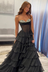 Dreamyannie Ruffled Black Prom Dress A Line Corset Long Formal Dress With Beadings