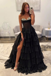 Dreamyannie Ruffled Black Prom Dress A Line Corset Long Formal Dress With Beadings
