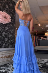Dreamyannie Ruffled Chiffon Blue Prom Dress Corset Long Formal Dress With Slit