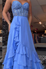 Dreamyannie Ruffled Chiffon Blue Prom Dress Corset Long Formal Dress With Slit