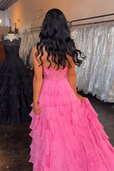 Dreamyannie Ruffled Hot Pink Prom Dress Corset Halter Long Formal Dress With Lace