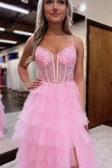 Dreamyannie Ruffled Pink Prom Dress Corset Formal Dress With Slit