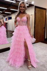 Dreamyannie Ruffled Pink Prom Dress Corset Formal Dress With Slit