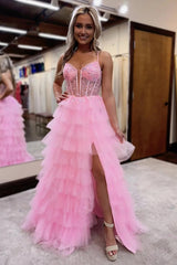 Dreamyannie Ruffled Pink Prom Dress Corset Formal Dress With Slit