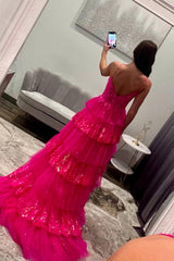 Dreamyannie Ruffled Spaghetti Straps Fuchsia Prom Dress Formal Dress With Appliques