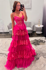 Dreamyannie Ruffled Spaghetti Straps Fuchsia Prom Dress Formal Dress With Appliques
