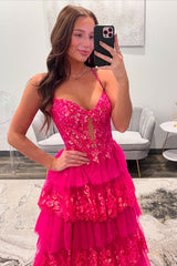Dreamyannie Ruffled Spaghetti Straps Fuchsia Prom Dress Formal Dress With Appliques