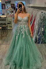 Dreamyannie Sage Prom Dress Floral A-Line Spaghetti Straps Long Formal Dress