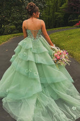 Dreamyannie Sage Prom Dress Floral Tiered Ruffles A-Line Sweetheart Corset Long Formal Dress