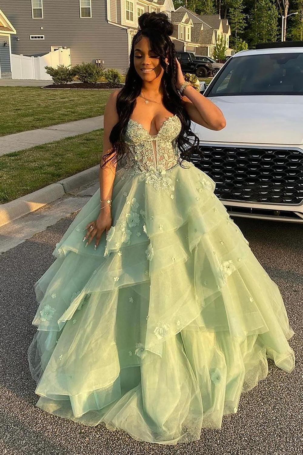 Dreamyannie Sage Prom Dress Floral Tiered Ruffles A-Line Sweetheart Corset Long Formal Dress