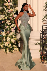 Dreamyannie Sage Prom Dress Mermaid High Neck Sleeveless Lace Formal Dress