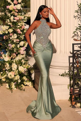 Dreamyannie Sage Prom Dress Mermaid High Neck Sleeveless Lace Formal Dress