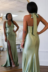 Dreamyannie Sage Prom Dress Mermaid Satin Corset Long Formal Dress With Slit
