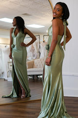 Dreamyannie Sage Prom Dress Mermaid Satin Corset Long Formal Dress With Slit