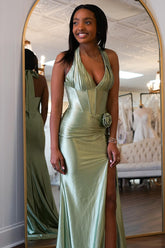 Dreamyannie Sage Prom Dress Mermaid Satin Corset Long Formal Dress With Slit