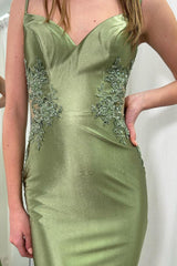 Dreamyannie Sage Prom Dress Mermaid Satin Spaghetti Straps Long Formal Dress With Appliques