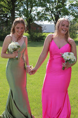Dreamyannie Sage Prom Dress Mermaid Satin Spaghetti Straps Long Formal Dress With Appliques