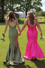 Dreamyannie Sage Prom Dress Mermaid Satin Spaghetti Straps Long Formal Dress With Appliques